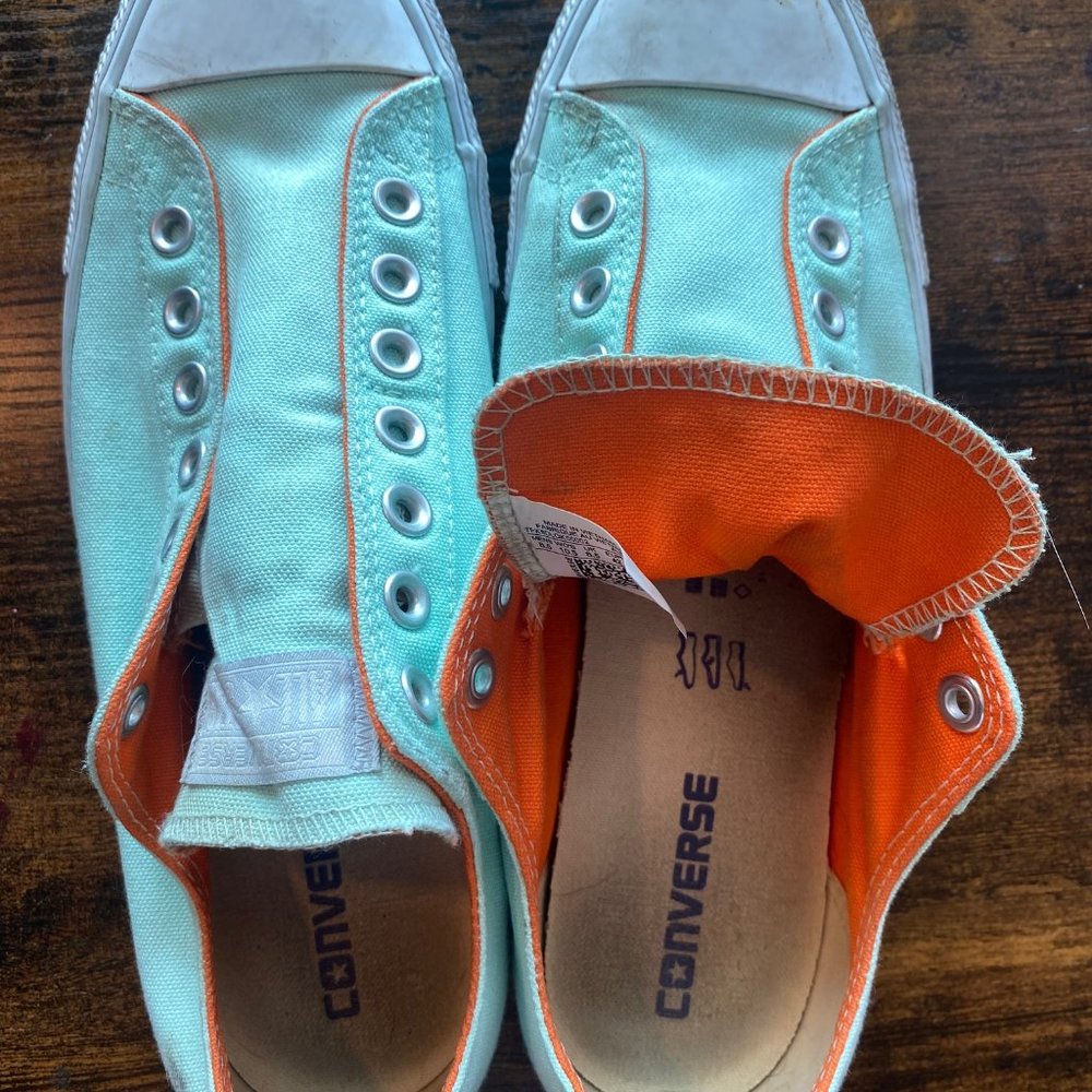 Custom slip-on converse, foam green with orange accents